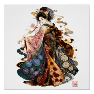 Poster Art de Geisha japonaise Kimono et fleurs saisonn