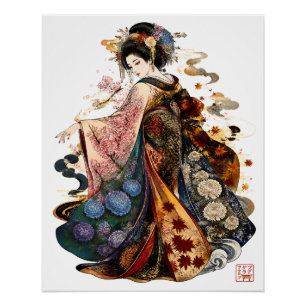 Poster Art de Geisha japonaise Kimono et fleurs saisonn