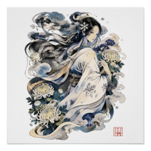 Poster Art de la femme de neige japonaise Yokai d'hiver