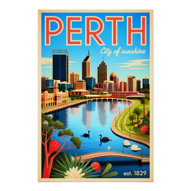 Poster Art de l'affiche de voyage rétro de Perth Australi (Devant)