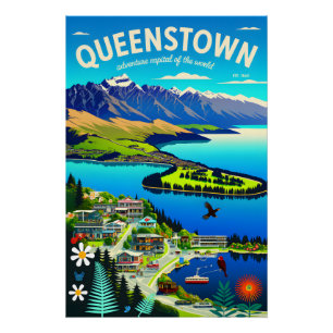 Poster Art de l'affiche de voyage rétro de Queenstown Nou