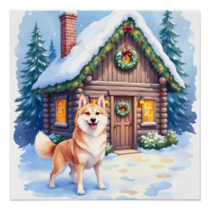 Poster Art de Noël Cabane en rondins rustique Chinook