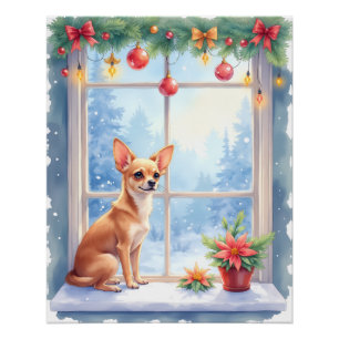 Poster Art de Noël de Chihuahua sur un rebord de fenêtre 