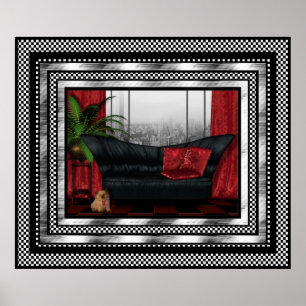 Poster Art Déco vintage Argent Rouge Noir Canapé C