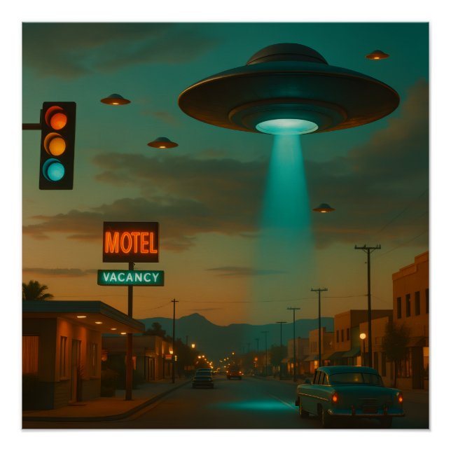 Poster Art d'invasion UFO rétro style MCM (Devant)