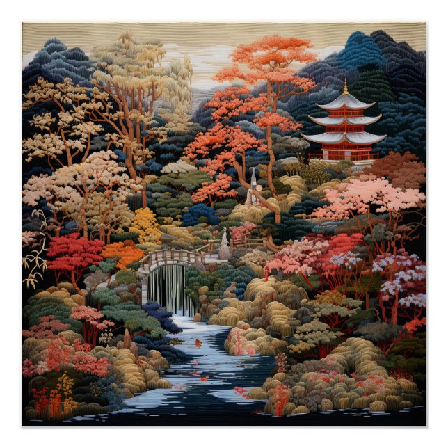 Poster Art du paysage japonais : Cascade et village (Devant)