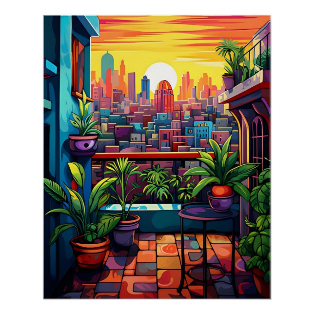 Poster [Art imprimable] Coucher de soleil dans une ville, (Devant)