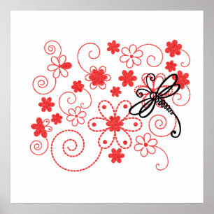 Poster Art libellule fleurs