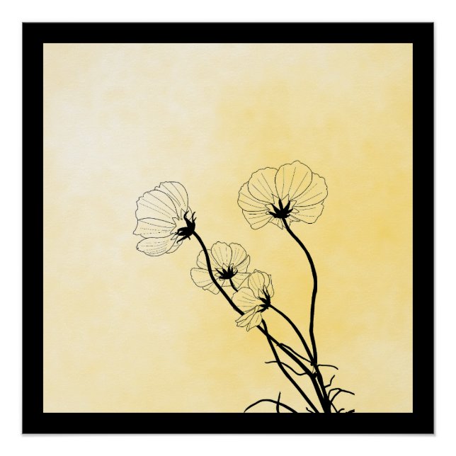 Poster art linéaire floral d'orchidée sur jaune (Devant)