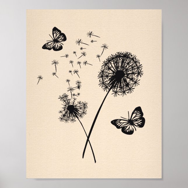 Poster Art Moderne Pink Black Dandelion Souhaite Papillon (Devant)