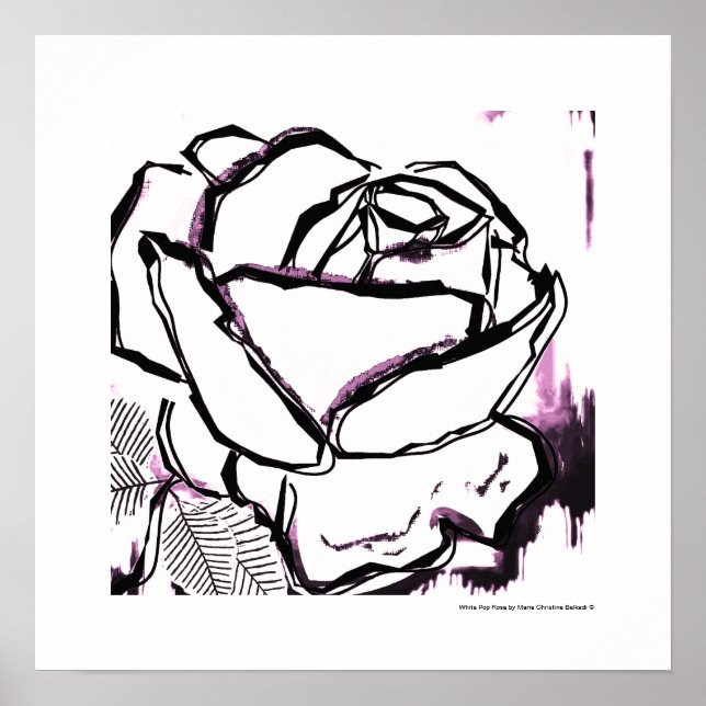 Poster Art moderne Rose noir blanc pourpre aquarelle (Devant)