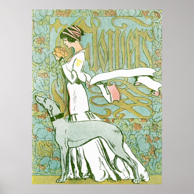 Poster Art Nouveau Greyhound et dame à la fleur (Devant)