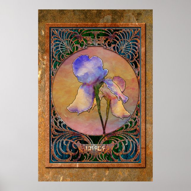 Poster Art Nouveau Iriss dans un cadre en cuivre Mucha (Devant)