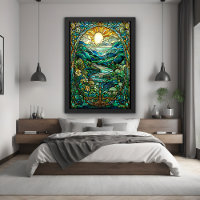 Art Nouveau Verre Tiré Soleil Levant Paysage Art