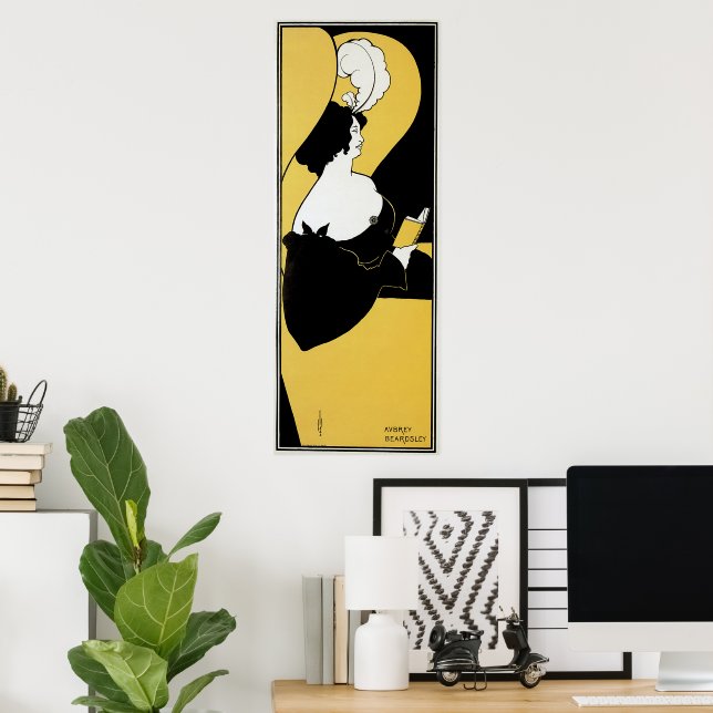 Poster Art Nouveau vintage, Lecture d'un livre jaune (Bureau à domicile)