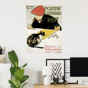 Poster Art Nouveau vintage, Peinture Artiste avec chat an