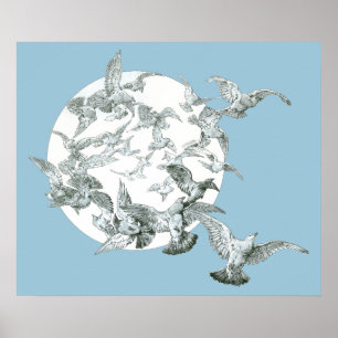 Poster Art Nouveau vintage troupeau d'oiseaux avec pleine