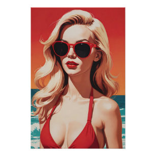 Poster Art pop rétro : Blonde élégant en Bikini rouge
