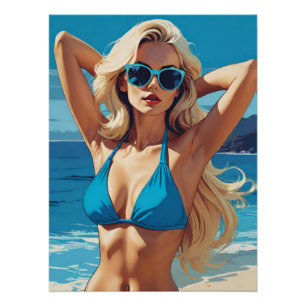 Poster Art pop rétro : Blonde glamour en Bikini bleu