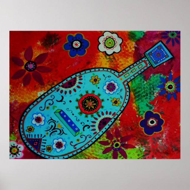 Poster Art populaire peinture de guitare mexicaine (Devant)