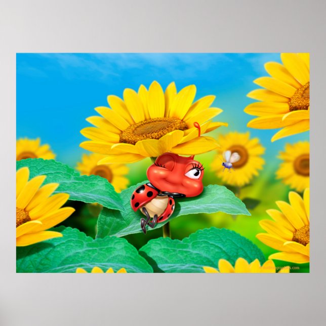 Poster art somptueux snoozy Ladybug et tournesols (Devant)