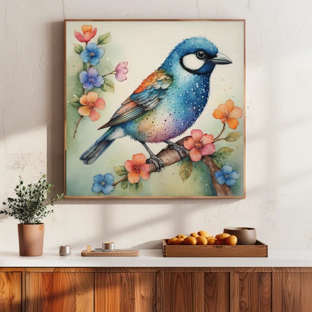 Poster Art stylisé Bluebird et fleurs (Créateur téléchargé)