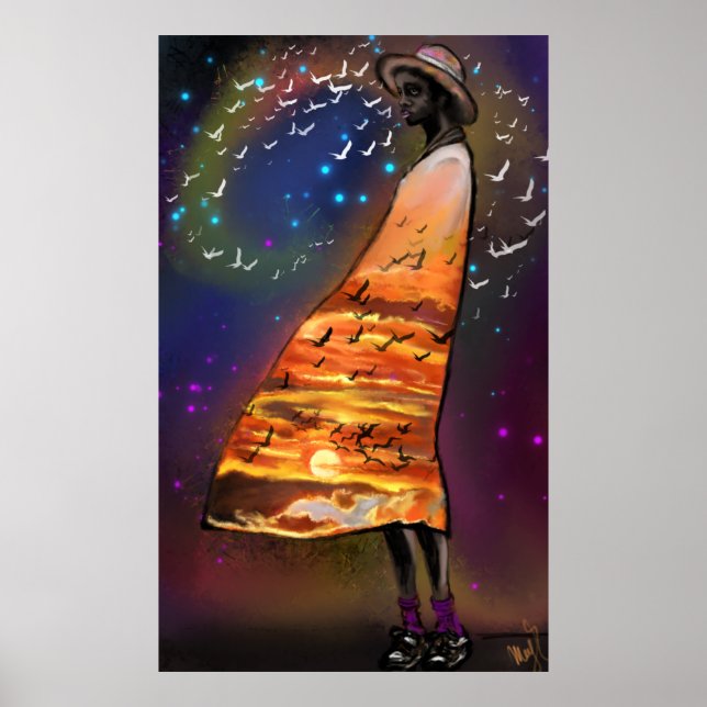 Poster Art Sunset pour femme et oiseaux Imprimer - (Devant)