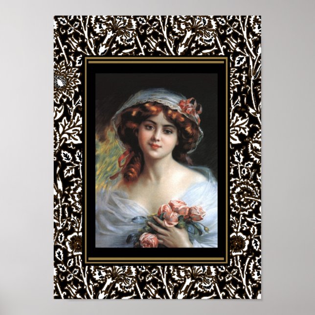 Poster Art Vintage dame aux roses roses roses (Devant)