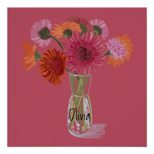 Poster Arty Gerbera Fleur colorée +Nom personnalisé