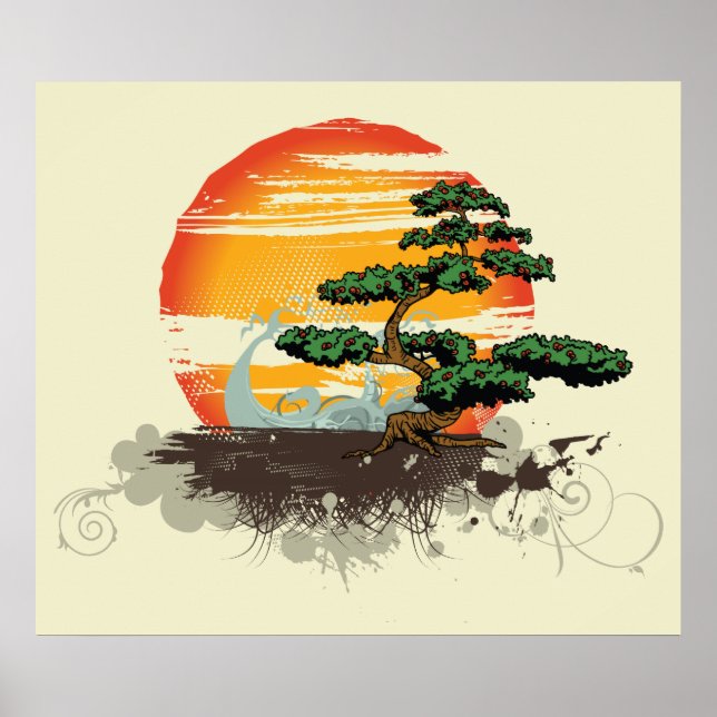 poster asiatique bonsai et soleil personnalisé (Devant)