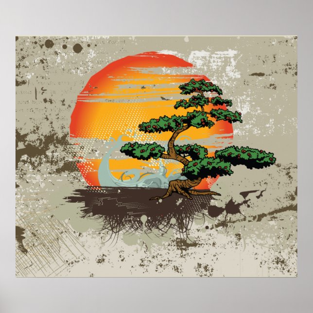 poster asiatique bonsai et soleil personnalisé (Devant)