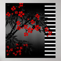 Poster Asiatique Rouge Noir Blanc Bambou Floral 2