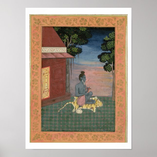 Poster Asticité vieillissante assise sur une peau de tigr (Devant)