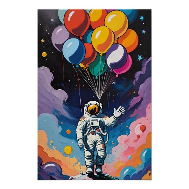 Poster Astronaut avec ballons colorés dans l'espace (Devant)