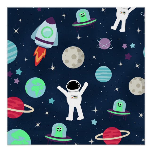 Poster Astronautes Planètes Fusées et Aliens (Devant)