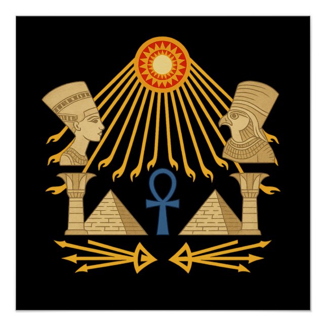 Poster Aten Sun Disc – Ankh, Horus & Nefertiti (Devant)