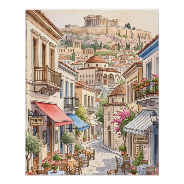 Poster Athènes charmant Grèce Rue Aquarelle (Devant)