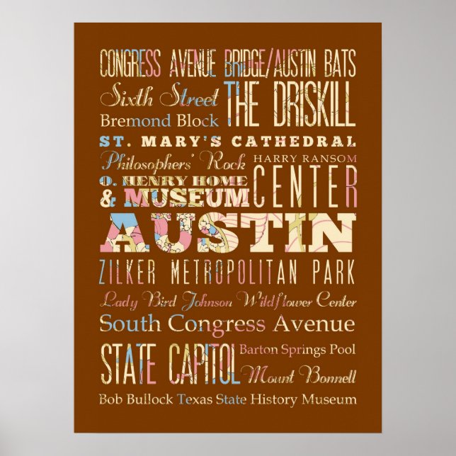 Poster Attractions & Lieux célèbres d'Austin, Texas. (Devant)