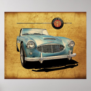 Poster Austin Healey 3000 bleu sur blanc