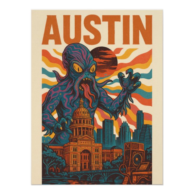 Poster Austin Sci-Fi Monster Cityscape Art - Kaiju (Devant)