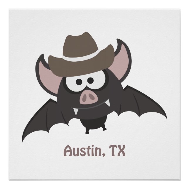 Poster Austin Texas Cute Cartoon Cowboy Bat (Devant)