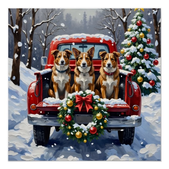 Poster Australian Cattle Dog Christmas Red Truck Holiday (Devant)