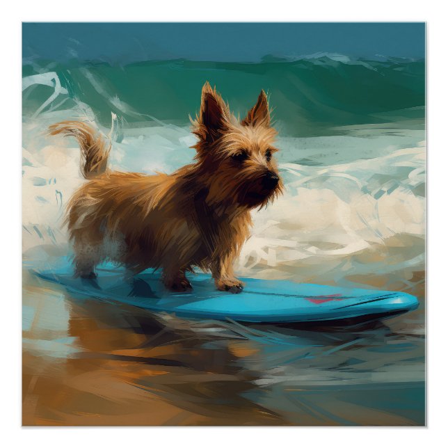 Poster Australian Terrier Beach Surfing Paining (Devant)
