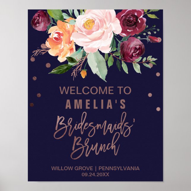 Poster Automne Floral Rose Gold Bridesmaitres Brunch Bien (Devant)