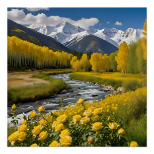 Poster Automne Jaune Montagnes neigeuses Aspen River