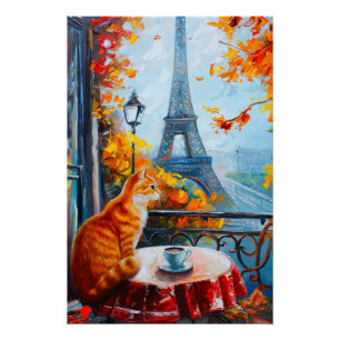Poster Automne parisien   Chat au gingembre dans un café