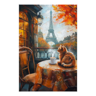Poster Automne parisien Chat au gingembre dans un café
