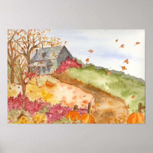 Poster Automne Pays Citrouille Accueil Aquarelle Paysage (Devant)