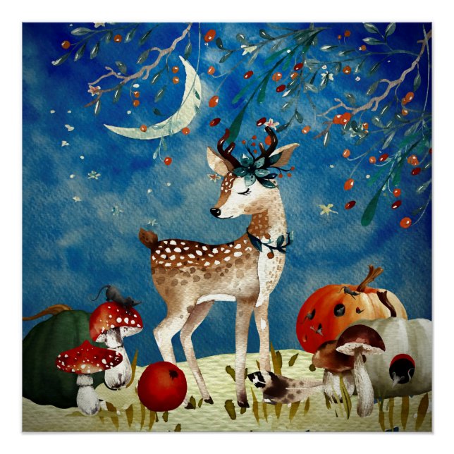 Poster Automne Woodland Friends Deer Forest Illustration (Devant)