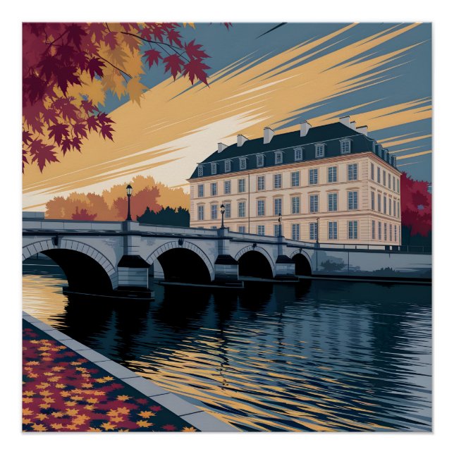 Poster Autumn Riverside European City Illustration Art (Devant)